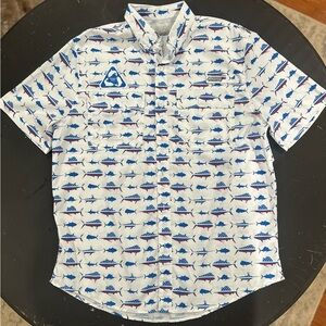 Patriotic fish print breathable quick dry button up shirt